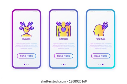 Neurosis thin line icon set: headache, heart ache, psychalgia. Vector illustration for user mobile interface.