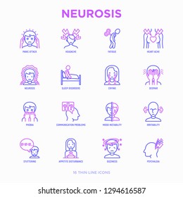 Neurosis Thin Line Icon Set: Panic Attack, Headache, Fatigue, Insomnia, Despair, Phobia, Mood Instability, Stuttering, Psychalgia, Dizziness. Modern Vector Illustration.