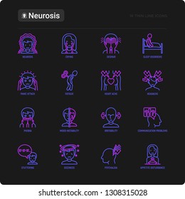 Neurosis thin line icon set: panic attack, headache, fatigue, insomnia, despair, phobia, mood instability, stuttering, psychalgia, dizziness. Modern vector illustration.