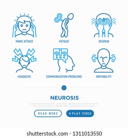 Neurosis Thin Line Icon Set: Panic Attack, Headache, Fatigue, Despair, Phobia, Irritability. Vector Illustration.