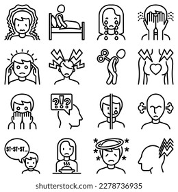 Juego de iconos de línea delgada de neurosis: ataque de pánico, dolor de cabeza, fatiga, insomnio, desesperación, fobia, inestabilidad del estado de ánimo, tergiversación, psialgia, mareo. Ilustración vectorial moderna.