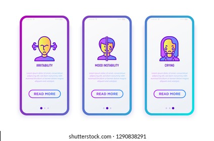 Neurosis thin line icons set: irritability, mood instability, crying. Vector illustration for user mobile interface.