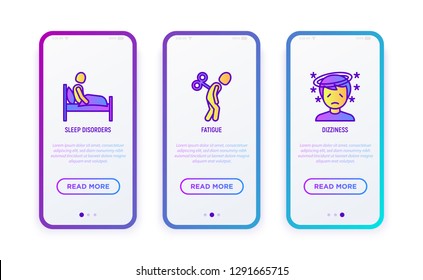 Neurosis thin line icons set: sleep disorders, fatigue, dizziness. Vector illustration for user mobile interface.
