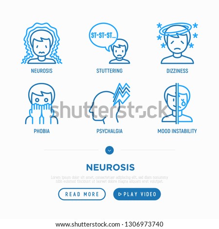 Neurosis thin line icons set: panic attack, despair, phobia, mood instability, stuttering, dizziness. Modern vector illustration.