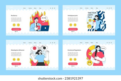 Neurosis web banner or landing page set. Chronic stress and anxiety mental disorder. Character suffering from panic attack. Psychotherapy and pharmacotherapy treatment. Flat vector illustration