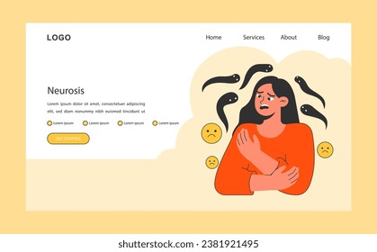 Neurosis web banner or landing page. Chronic stress and anxiety mental disorder. Character feeling despair, suffering from panic attack. Psychotherapy. Flat vector illustration