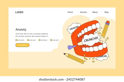 Neurosis web banner or landing page. Chronic stress and anxiety mental disorder. Anxious and intrusive thoughts. Teeth gnaw a pencil. Flat vector illustration