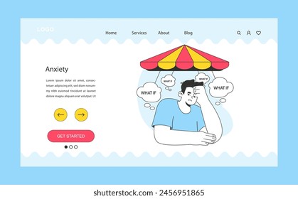 Neurosis Web Banner oder Landing Page. Chronischer Stress und Angst psychische Störung. Besorgter Mann umgeben von ängstlichen Gedanken. Unglücklicher Kerl mit aufdringlichen Gedanken. flache Vektorillustration