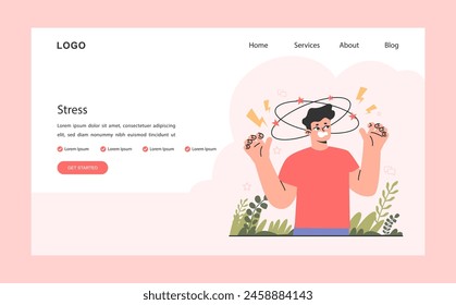 Neurosis web banner or landing page. Stressed man feeling despair, suffering from chronic stress and anxiety. Professional burnout, breakdown and psychological tension. Flat vector illustration