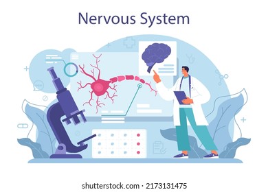 Neurosurgeon concept. Doctor examine and treat human brain and nervous system. Nervous system disease' therapy, surgery and surgical procedure. Flat vector illustration