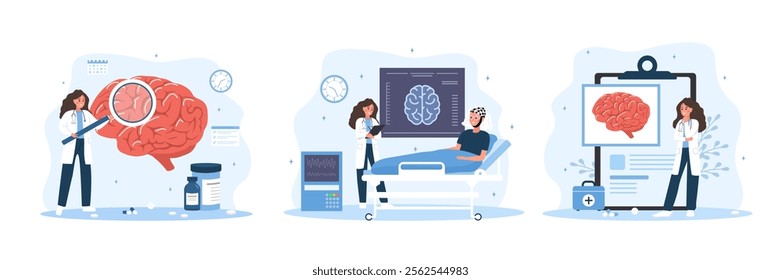 Neurosurgeon concept. Female doctor study brain diseases. Neurological therapy. Neurology or Neuroscience. Vector illustration in flat cartoon style.
