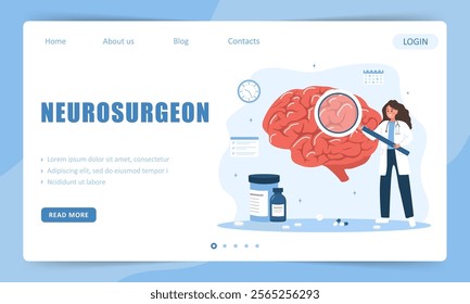 Neurosurgeon concept. Landing page template. Woman in medical uniform treat nervous system. Neurology disease diagnostics. Vector illustration in flat cartoon style