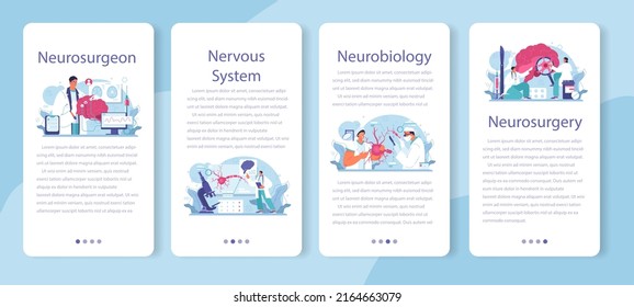 Neurosurgeon mobile application banner set. Doctor examine and treat human brain and nervous system. Nervous system disease' therapy, surgery and surgical procedure. Flat vector illustration
