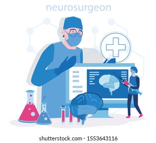 Neurosurgery, Brain research,  Examining a Humans Brain. Medical Help, Vector illustration for web banner, infographics, mobile. check for illness, disease or problems. Healthcare. First Aid