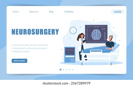 Neurosurgery concept. Landing page template. Female doctor examines results of MRI or EEG. Research scientist. Vector illustration in flat cartoon style.