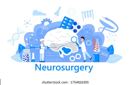 Neurosurgery concept vector. Multiple sclerosis awareness month event. Anatomical science of brain and senses diseases for website. Tiny doctors treat sclerotic.