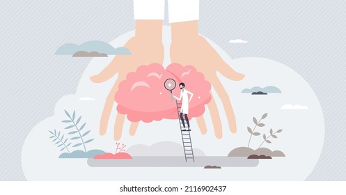 Neurosurgery doctor as brain and head health specialist tiny person concept. Patient medical examination with MRI scan or other radiology procedure to get diagnosis and treatment vector illustration.