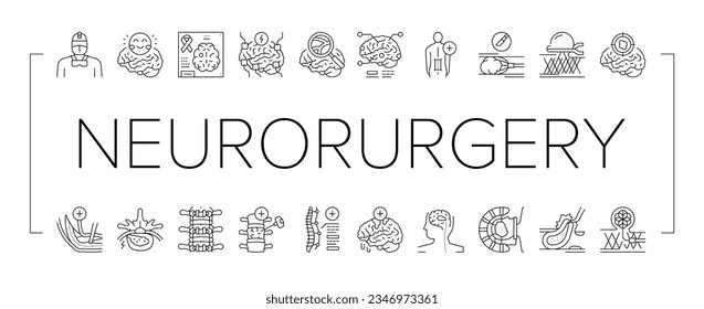 Neurocirugía Tratamiento Médico Iconos Set Vector. Radiocirugía Esterotáctica Y Neurocirugía Pediátrica, Investigación Neuro-oncológica, Embolización De Colirio Y Cirugía Espinal Ilustraciones De Contorno Negro