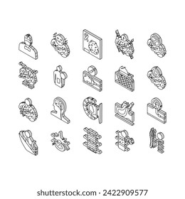 Neurosurgery Medical Treatment isometric icons set. Stereotactic Radiosurgery And Pediatric Neurosurgery, Neuro-oncology Researching, Coil Embolization And Spinal Surgery Line. Color .