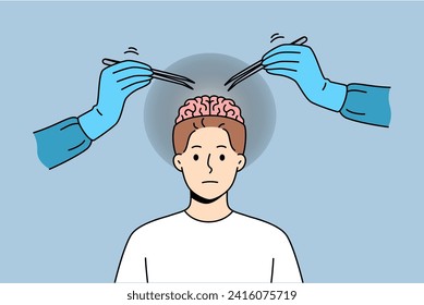 Neurosurgical operation on brain of man looking at camera, standing near two doctors hands with tweezers. Neurosurgical research and search for possibility of improving human neurons