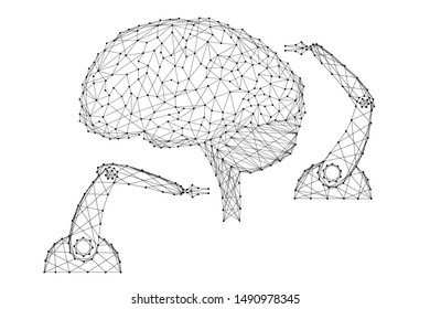 Neurosurgical operation on the human brain by robotic arms manipulator innovative concept from abstract futuristic polygonal black lines and dots. Vector illustration.