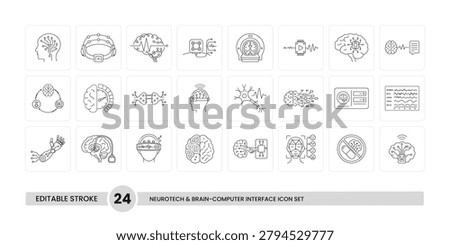 Neurotech and brain computer interface editable stroke line vector stock icon set.