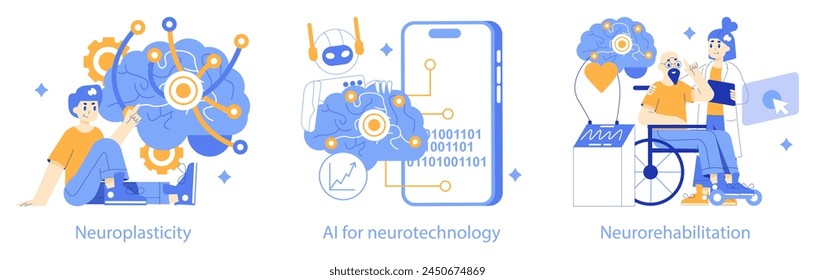 Neurotechnologies set Depiction of neuroplasticity, AI's role in neurotechnology, and techniques for neurorehabilitation Educational and futuristic digital representations Vector illustration