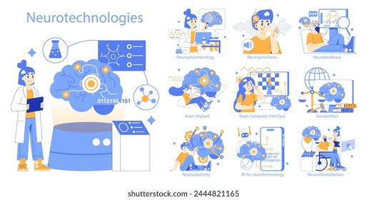 Neurotecnologías set Exploración de la ciencia cerebral y la interfaz digital Investigación médica, mejora cognitiva, aspectos éticos Ilustraciones detalladas de estudios científicos Ilustración vectorial