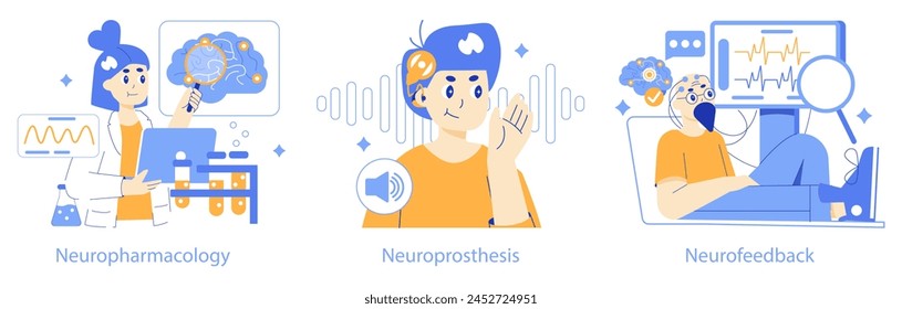 Neurotechnologies trio Advances in neuropharmacology, the innovation of neuroprosthesis, and the dynamics of neurofeedback Conceptual digital health illustrations Vector illustration
