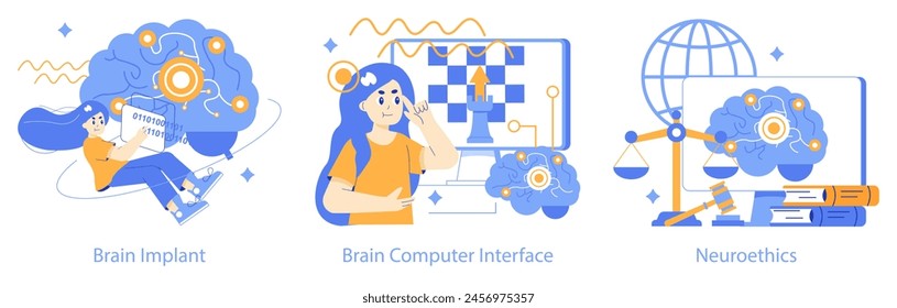 Neurotechnologies trio Visual exploration of brain implants, computer interfaces, and ethical guidelines in technology Engaging educational digital artwork Vector illustration