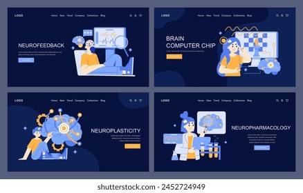 Conjunto de Anuncios de Web de neurotecnologías: demostración de neuroretroalimentación, tecnología de chip cerebral-ordenador, neuroplasticidad y neurofarmacología en diseños interactivos Ilustración vectorial educativa