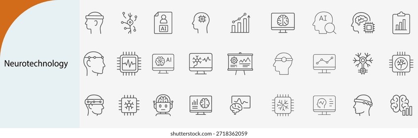 neurotechnology and brain-computer interface line icon set, AI neural network and neuroscience research symbols, flat vector illustration