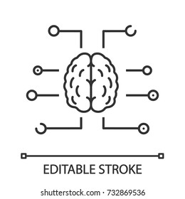 Neurotechnology linear icon. Thin line illustration. Digital brain. Artificial intelligence. Contour symbol. Vector isolated outline drawing. Editable stroke