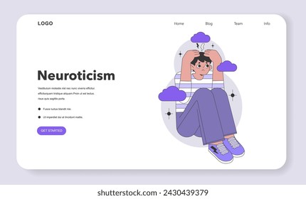 Neuroticism dimension of Big Five Personality Traits. An individual experiencing stress and emotional instability, depicted in a thought-provoking scene. Flat vector illustration.