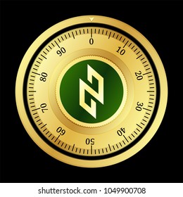 Neurotoken (NTK) cryptocurrency safe lock. Eps10 vector illustration isolated on black background.