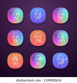Neurotoxin injection app icons set. UI/UX interface. Woman face, makeup removal, cream, wrinkles, lips, eye neurotoxin injection, cosmetologist exam, disinfection. Vector isolated illustrations