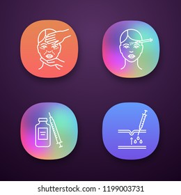 Neurotoxin injection app icons set. UI/UX user interface. Cosmetologist exam, syringe and vial, forehead subcutaneous injection. Web or mobile applications. Vector isolated illustrations