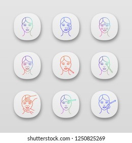 Neurotoxin injection app icons set. UI/UX interface. Woman face, makeup removal, cream, wrinkles, lips, eye neurotoxin injection, cosmetologist exam, disinfection. Vector isolated illustrations