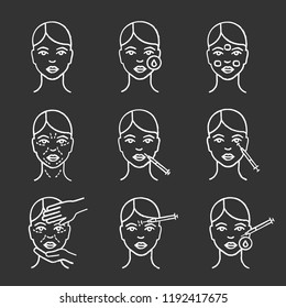 Neurotoxin injection chalk icon set. Woman face, makeup removal, cream, mimic wrinkles, lip, crows feet neurotoxin injection, cosmetologist exam, disinfection. Isolated vector chalkboard illustrations