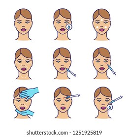 Neurotoxin injection color icon set. Woman face, makeup removal, anesthetic cream, wrinkles, lips, crows feet neurotoxin injection, cosmetologist exam, disinfection. Isolated vector illustrations