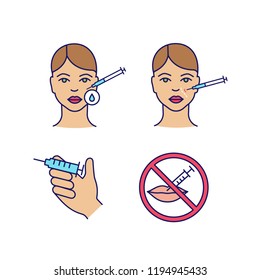 Neurotoxin injection color icons set. Makeup removal, syringe, cosmetologic procedure prohibition, nasolabial folds injection. Isolated vector illustrations