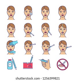 Neurotoxin injection color icons set. Anti wrinkle procedures. Neuro toxin injection. Facial rejuvenation. Cosmetic procedures. Cosmetology. Isolated vector illustrations
