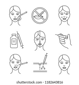 Neurotoxin injection cosmetic procedures linear icons set. Facial rejuvenation. Anti wrinkle procedures. Neurotoxin injection. Thin line contour symbols. Isolated vector illustrations. Editable stroke