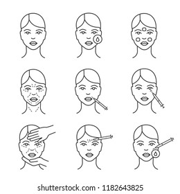 Neurotoxin injection cosmetic procedures linear icons set. Thin line contour symbols. Makeup removal, mimic wrinkles, cosmetologist examination. Isolated vector outline illustrations. Editable stroke