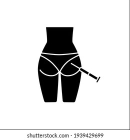 Neurotoxin injection glyph icon. Injection into buttocks.Correction, lifting of buttock.Surgery.Full syringe. Beauty cosmetic procedure concept.Filled flat sign.Isolated silhouette vector illustration