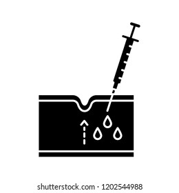 Neurotoxin injection glyph icon. Silhouette symbol. Subcutaneous injection. Facial rejuvenation. Wrinkles reducing process in skin section. Injectable filler. Vector isolated illustration