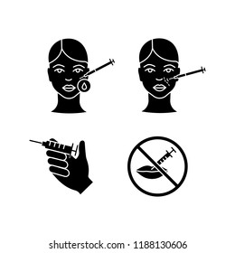 Neurotoxin injection glyph icons set. Makeup removal, syringe, cosmetologic procedure prohibition, nasolabial folds injection. Silhouette symbols. Vector isolated illustration