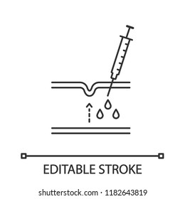 Neurotoxin injection linear icon. Subcutaneous injection with neurotoxin. Facial rejuvenation. Injectable filler. Contour symbol. Vector isolated outline drawing. Editable stroke