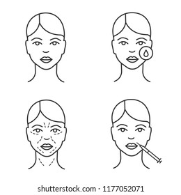 Neurotoxin injection linear icons set. Woman's face, makeup removal, mimic wrinkles, lips neurotoxin injection. Thin line contour symbols. Isolated vector outline illustrations. Editable stroke