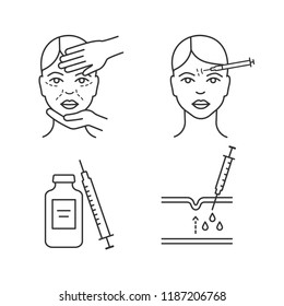 Neurotoxin injection linear icons set. Cosmetologist examination, neurotoxin, forehead injection. Thin line contour symbols. Isolated vector outline illustrations. Editable stroke